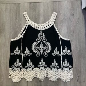 Black & Cream Y2K Babydoll Tank Top Embroidered Womens M Vintage Its Pink CROP